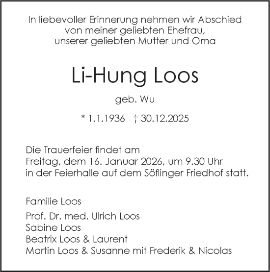 Traueranzeige von Li-Hung Loos von SÜDWEST PRESSE Ausgabe Ulm/Neu-Ulm