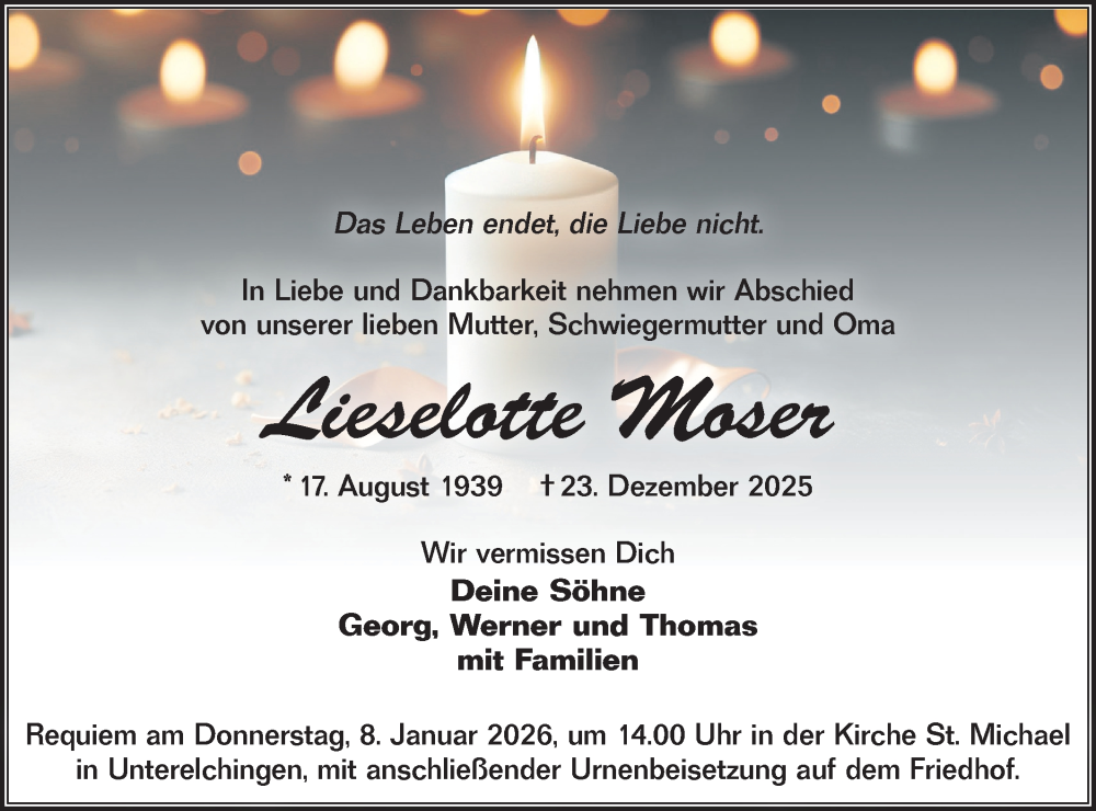  Traueranzeige für Lieselotte Moser vom 03.01.2026 aus SÜDWEST PRESSE Ausgabe Ulm/Neu-Ulm