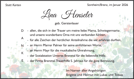 Traueranzeige von Lina Henseler von SÜDWEST PRESSE Ausgabe Ulm/Neu-Ulm