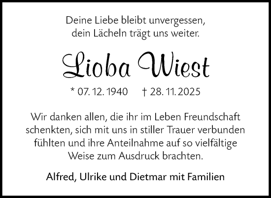Traueranzeige von Lioba Wiest von SÜDWEST PRESSE Zollernalbkreis/Hohenzollerische Zeitung