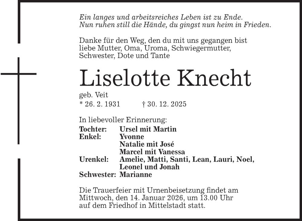  Traueranzeige für Liselotte Knecht vom 10.01.2026 aus Alb-Bote/Metzinger-Uracher Volksblatt