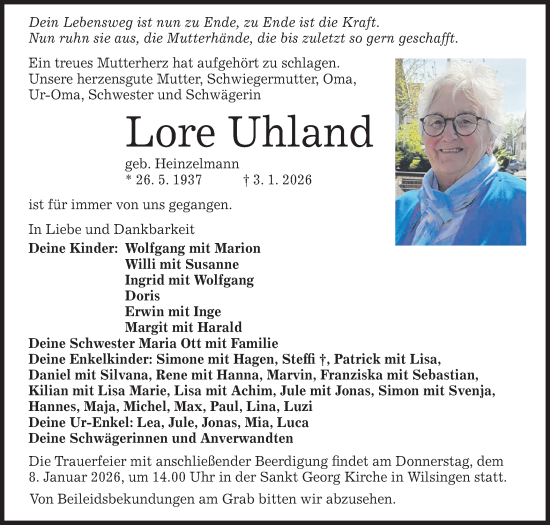 Traueranzeige von Lore Uhland von Alb-Bote/Metzinger-Uracher Volksblatt