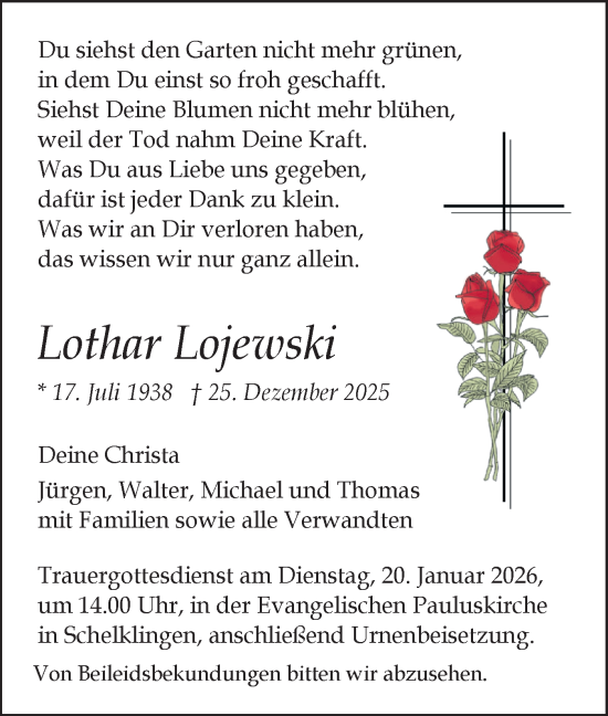 Traueranzeige von Lothar Lojewski von Ehinger Tagblatt