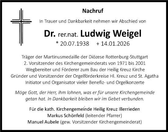 Traueranzeige von Ludwig Weigel von SÜDWEST PRESSE Ausgabe Ulm/Neu-Ulm