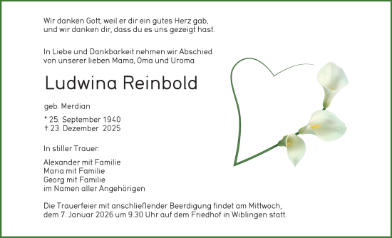 Traueranzeige von Ludwina Reinbold von SÜDWEST PRESSE Ausgabe Ulm/Neu-Ulm