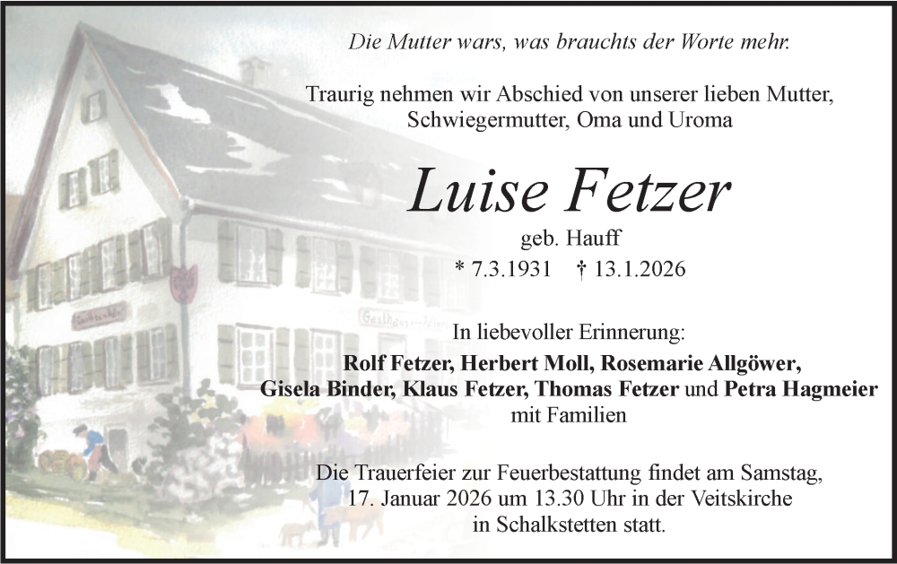  Traueranzeige für Luise Fetzer vom 16.01.2026 aus Geislinger Zeitung