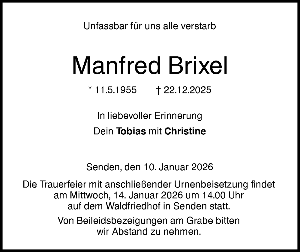  Traueranzeige für Manfred Brixel vom 10.01.2026 aus SÜDWEST PRESSE Ausgabe Ulm/Neu-Ulm/Neu-Ulmer Zeitung