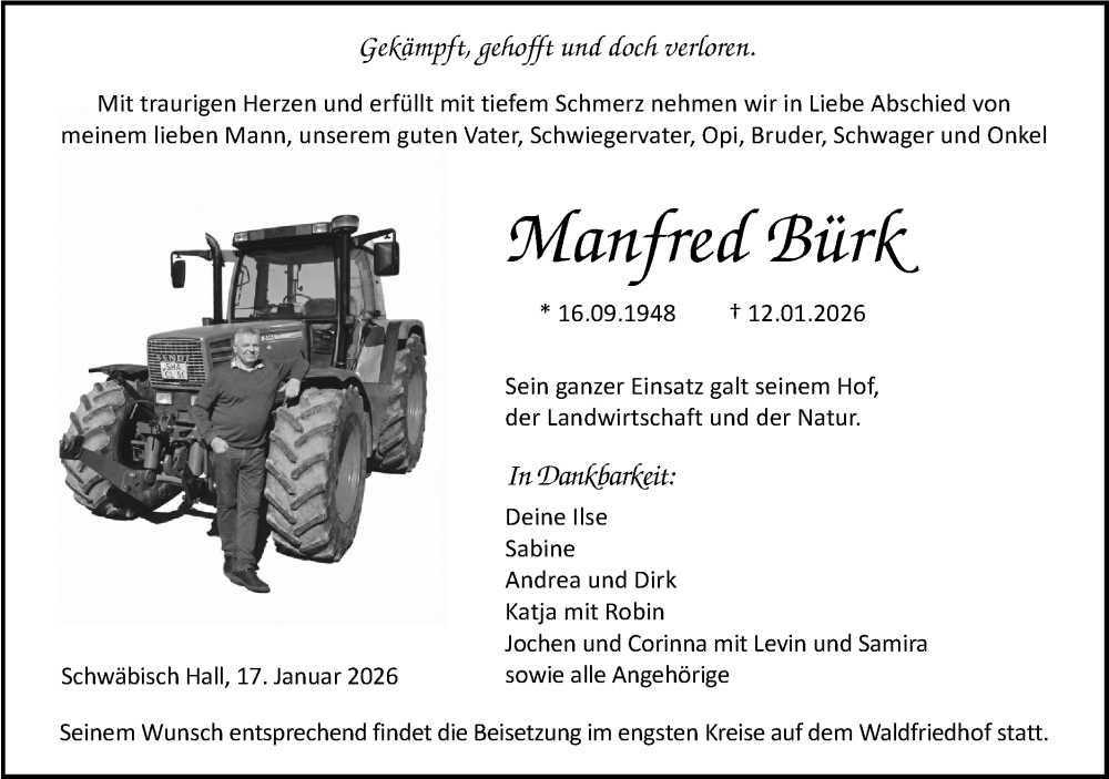  Traueranzeige für Manfred Bürk vom 17.01.2026 aus Haller Tagblatt