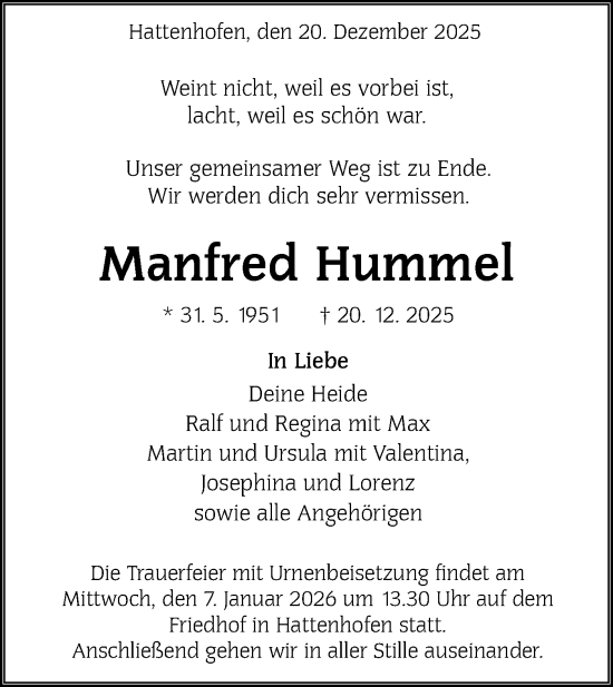 Traueranzeige von Manfred Hummel von NWZ Neue Württembergische Zeitung