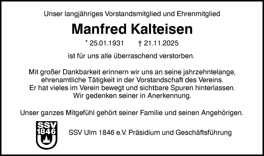  Traueranzeige für Manfred Kalteisen vom 17.01.2026 aus SÜDWEST PRESSE Ausgabe Ulm/Neu-Ulm