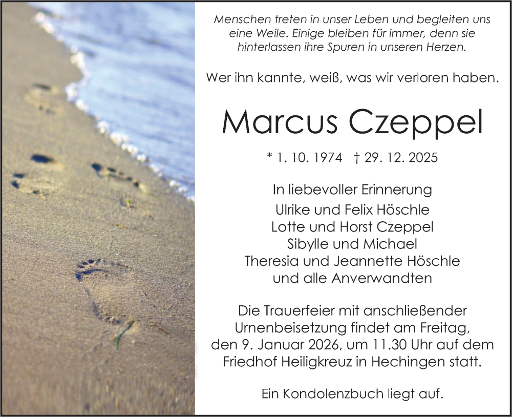 Traueranzeige für Marcus Czeppel vom 07.01.2026 aus SÜDWEST PRESSE Zollernalbkreis/Hohenzollerische Zeitung