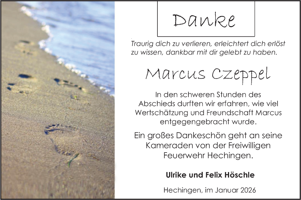  Traueranzeige für Marcus Czeppel vom 17.01.2026 aus SÜDWEST PRESSE Zollernalbkreis/Hohenzollerische Zeitung