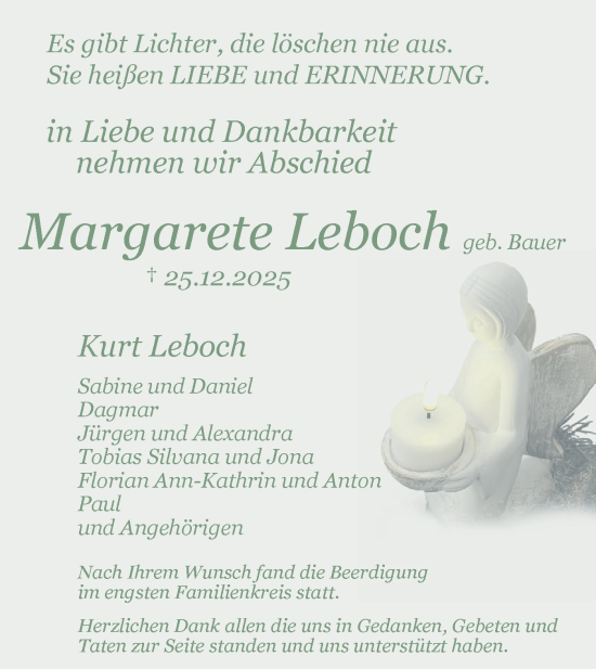 Traueranzeige von Margarete Leboch von Alb-Bote/Metzinger-Uracher Volksblatt