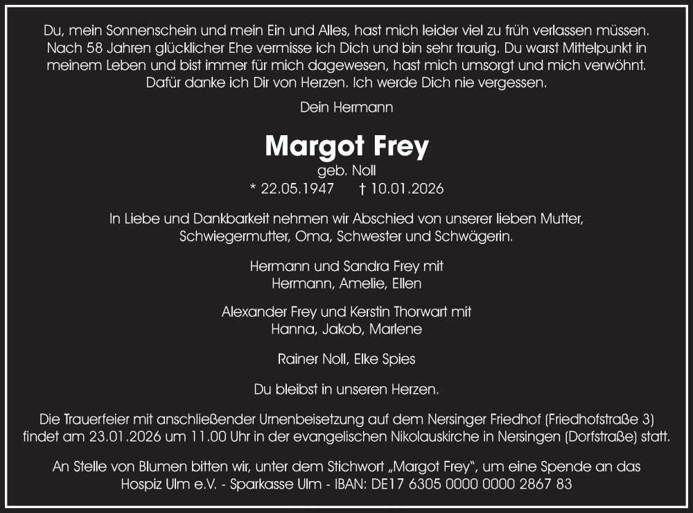  Traueranzeige für Margot Frey vom 17.01.2026 aus SÜDWEST PRESSE Ausgabe Ulm/Neu-Ulm