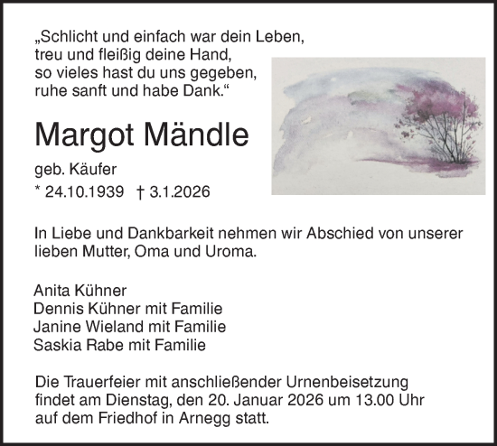Traueranzeige von Margot Mändle von SÜDWEST PRESSE Ausgabe Ulm/Neu-Ulm