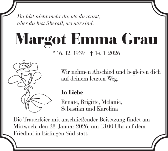 Traueranzeige von Margot Emma Grau von NWZ Neue Württembergische Zeitung