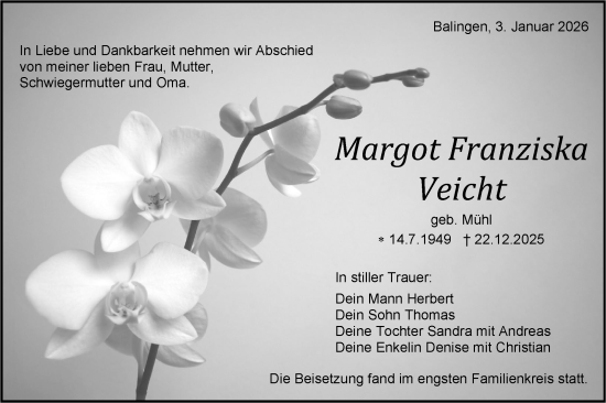 Traueranzeige von Margot Franziska Veicht von SÜDWEST PRESSE Zollernalbkreis/Hohenzollerische Zeitung
