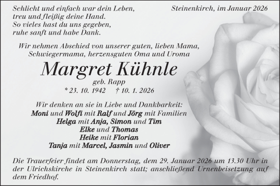 Traueranzeige von Margret Kühnle von Geislinger Zeitung
