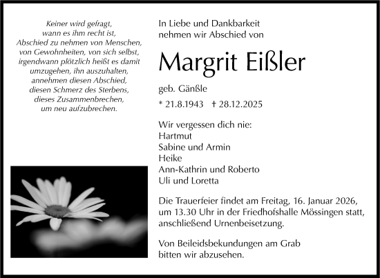Traueranzeige von Margrit Eißler von Schwäbische Tagblatt