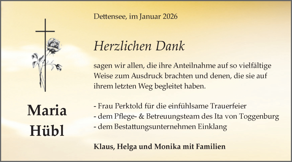  Traueranzeige für Maria Hübl vom 10.01.2026 aus Neckar-Chronik