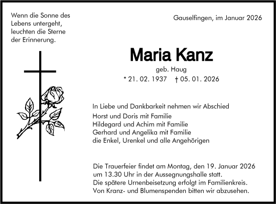 Traueranzeige von Maria Kanz von SÜDWEST PRESSE Zollernalbkreis/Hohenzollerische Zeitung