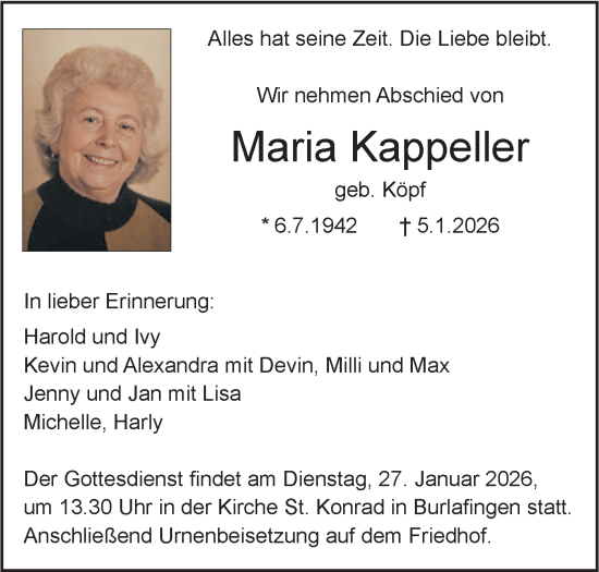 Traueranzeige von Maria Kappeller von SÜDWEST PRESSE Ausgabe Ulm/Neu-Ulm