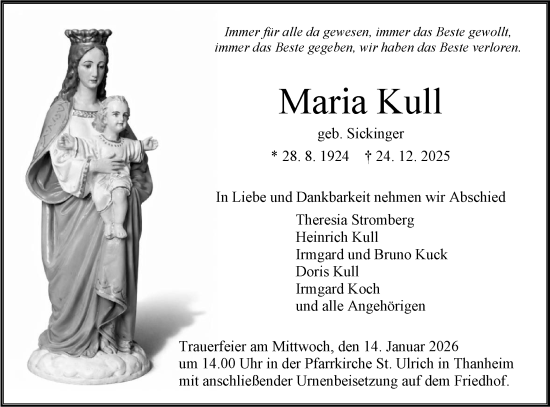 Traueranzeige von Maria Kull von SÜDWEST PRESSE Zollernalbkreis/Hohenzollerische Zeitung