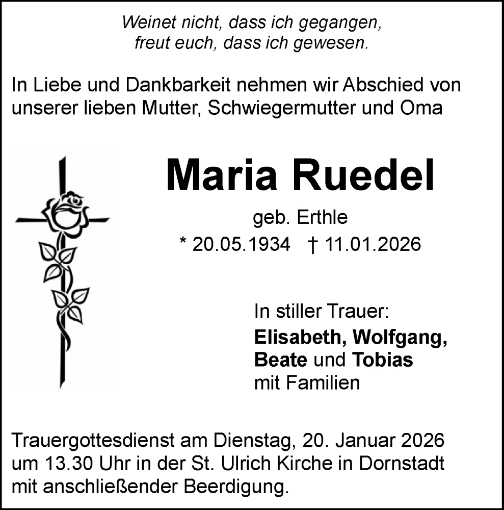  Traueranzeige für Maria Ruedel vom 14.01.2026 aus SÜDWEST PRESSE Ausgabe Ulm/Neu-Ulm