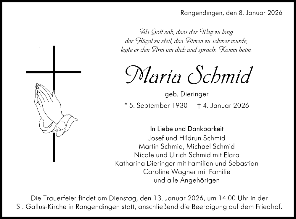  Traueranzeige für Maria Schmid vom 08.01.2026 aus SÜDWEST PRESSE Zollernalbkreis/Hohenzollerische Zeitung