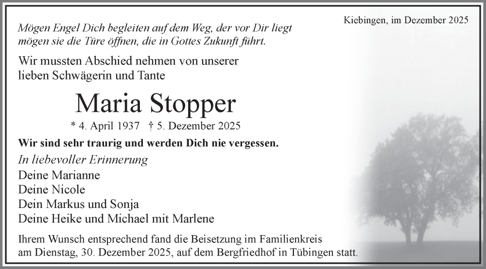  Traueranzeige für Maria Stopper vom 09.01.2026 aus Schwäbische Tagblatt