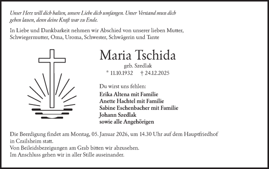 Traueranzeige von Maria Tschida von Hohenloher Tagblatt