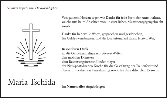 Traueranzeige von Maria Tschida von Hohenloher Tagblatt