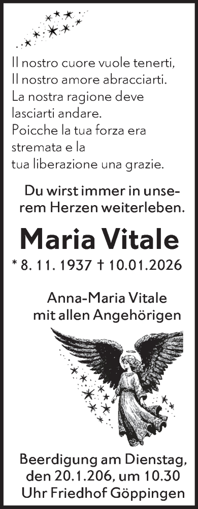 Traueranzeige von Maria Vitale von NWZ Neue Württembergische Zeitung