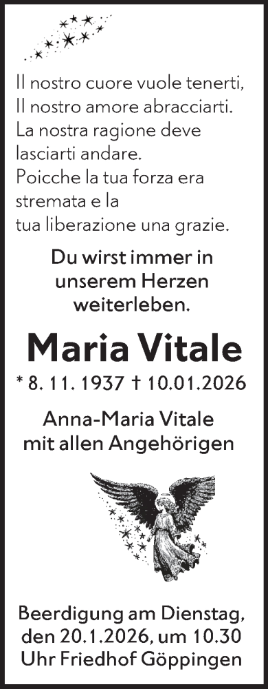 Traueranzeige von Maria Vitale von NWZ Neue Württembergische Zeitung