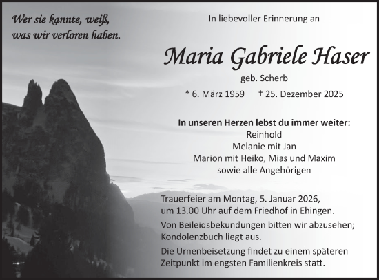 Traueranzeige von Maria Gabriele Haser von Ehinger Tagblatt
