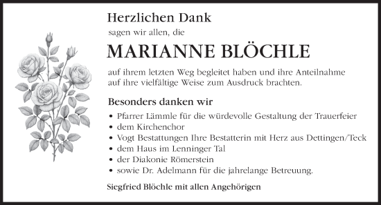 Traueranzeige von Marianne Blöchle von Alb-Bote/Metzinger-Uracher Volksblatt