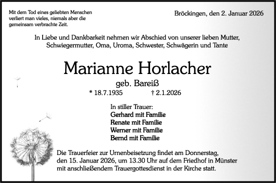 Traueranzeige von Marianne Horlacher von Rundschau Gaildorf