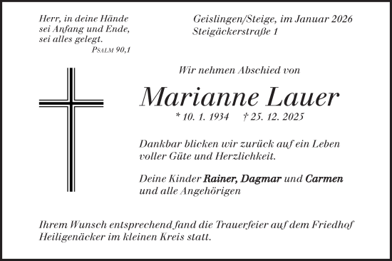 Traueranzeige von Marianne Lauer von Geislinger Zeitung