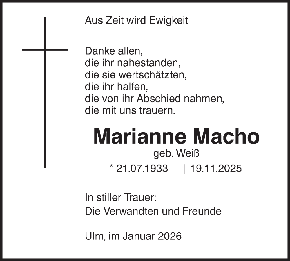  Traueranzeige für Marianne Macho vom 17.01.2026 aus SÜDWEST PRESSE Ausgabe Ulm/Neu-Ulm