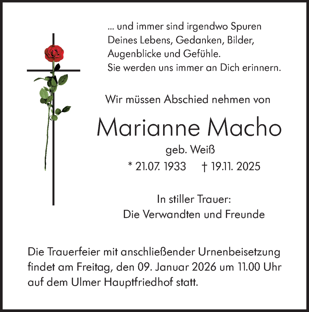  Traueranzeige für Marianne Macho vom 03.01.2026 aus SÜDWEST PRESSE Ausgabe Ulm/Neu-Ulm