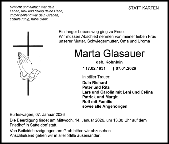 Traueranzeige von Marta Glasauer von Hohenloher Tagblatt