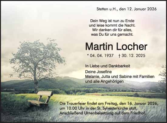 Traueranzeige von Martin Locher von SÜDWEST PRESSE Zollernalbkreis/Hohenzollerische Zeitung