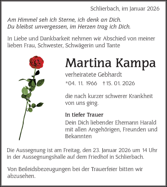 Traueranzeige von Martina Kampa von NWZ Neue Württembergische Zeitung