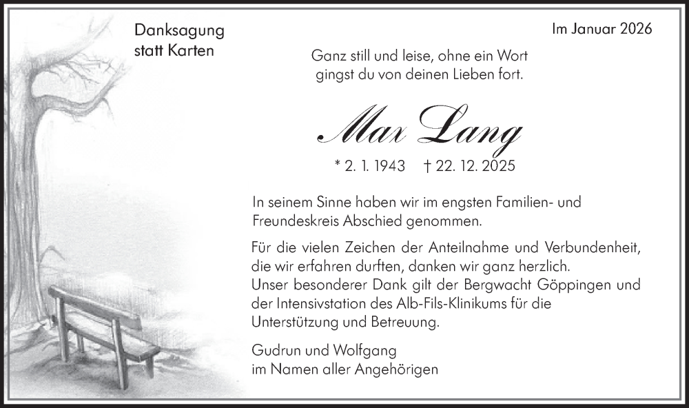  Traueranzeige für Max Lang vom 24.01.2026 aus NWZ Neue Württembergische Zeitung