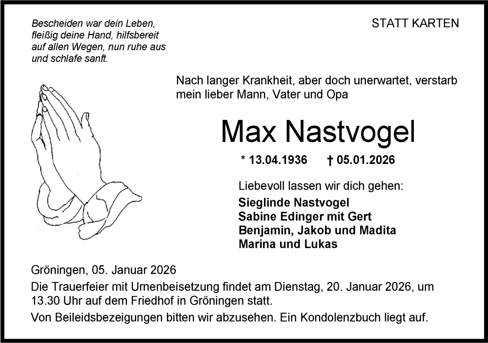  Traueranzeige für Max Nastvogel vom 16.01.2026 aus Hohenloher Tagblatt