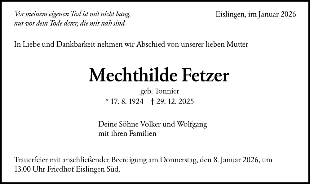  Traueranzeige für Mechthilde Fetzer vom 03.01.2026 aus NWZ Neue Württembergische Zeitung