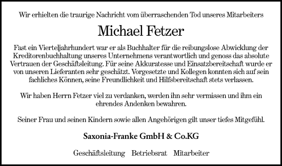 Traueranzeige von Michael Fetzer von NWZ Neue Württembergische Zeitung