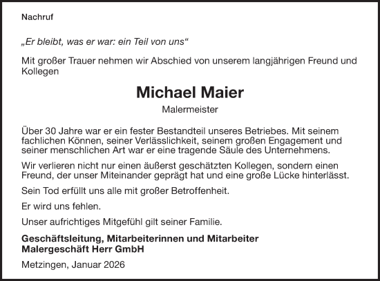 Traueranzeige von Michael Maier von Alb-Bote/Metzinger-Uracher Volksblatt