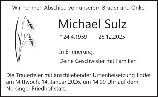 Traueranzeige von Michael Sulz von SÜDWEST PRESSE Ausgabe Ulm/Neu-Ulm