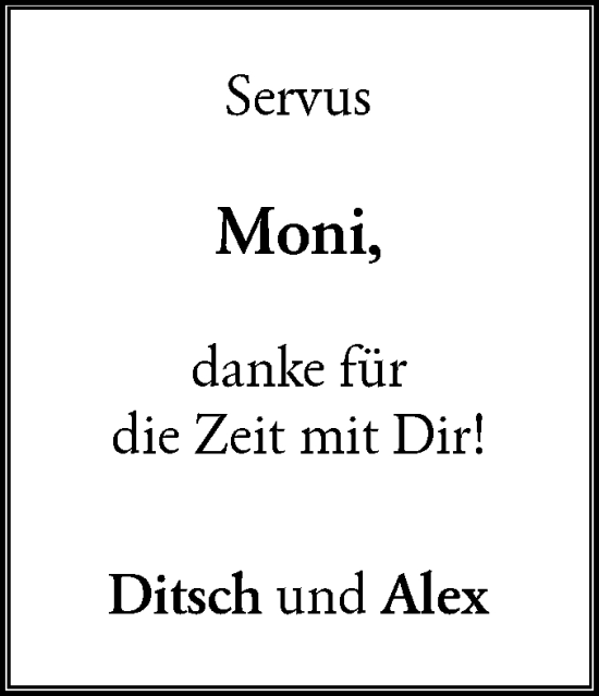 Traueranzeige von Moni  von Hohenloher Tagblatt